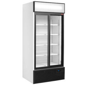 Displaykøleskab , ventileret, 760 liter, 2 skydedøre, med lysboks